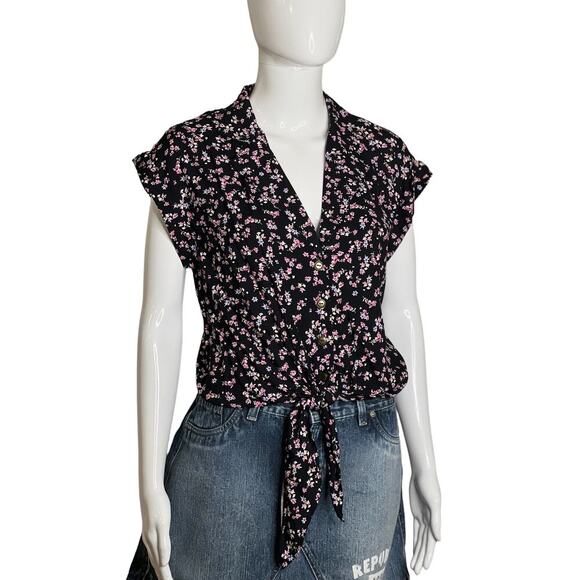 Nobo Womans Size S Top Short Sleeve Floral Multicolor Black Blouse Front Tie Top - Picture 4 of 7